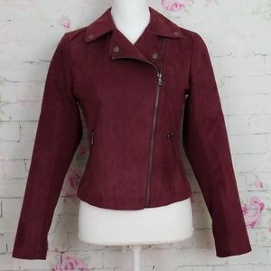 Maurices faux suede Burgundy asym zip blazer sz S